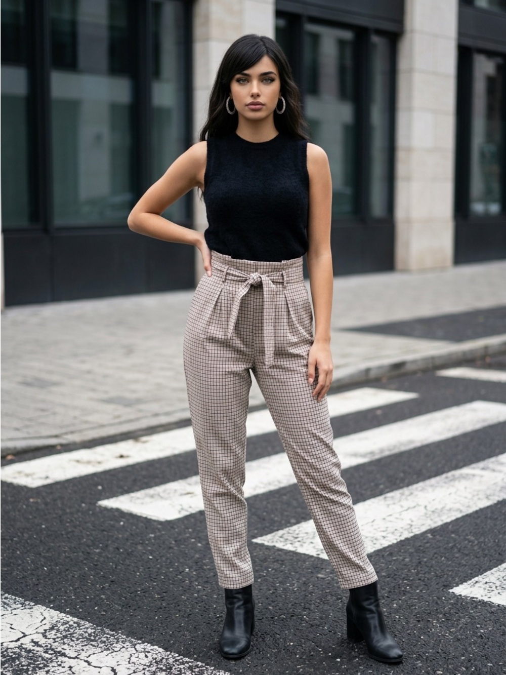 Nasty Gal Beige Plaid Tie-Waist Trousers